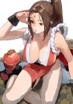  1girl animal breasts brown_eyes brown_hair cleavage collarbone commentary_request crab fingernails highres large_breasts ninja oni_gini partially_submerged ponytail rope shimenawa shiranui_mai simple_background sitting solo the_king_of_fighters water wet wet_clothes white_background 