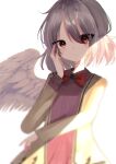  1girl absurdres blurry bow bowtie braid closed_mouth commentary french_braid grey_hair highres kishin_sagume legacy_of_lunatic_kingdom long_sleeves looking_at_viewer red_bow red_bowtie red_eyes shion_343 short_hair simple_background single_wing solo touhou twitter_username upper_body white_background white_wings wings 