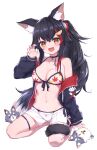 1girl absurdres animal_ear_fluff animal_ears bare_shoulders bikini black_choker black_hair breasts choker cleavage collarbone hair_ornament hairclip highres hololive kneeling large_breasts leaf_print maple_leaf_print masaki_(msk064) miofa_(ookami_mio) multicolored_hair multiple_others ookami_mio ookami_mio_(summer_vacation) open_mouth red_hair shorts simple_background smile streaked_hair swimsuit tail tail_around_own_leg two-tone_hoodie virtual_youtuber white_background white_shorts wolf_ears wolf_girl wolf_tail 