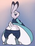  anthro belly big_belly big_butt black_eyes breasts butt clothing disney female fur grey_body grey_fur hi_res hyper hyper_belly judy_hopps lagomorph leporid looking_at_viewer looking_back mammal pompuffy_(artist) rabbit rear_view solo standing tail white_body white_fur zootopia 