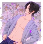  1boy bare_pectorals black_eyes black_hair chinese_commentary commentary_request dutch_angle flower groin hands_on_own_hips highres male_focus male_swimwear naruto naruto_(series) niku_(ni23ku) open_clothes open_shirt pectorals profile solo swim_trunks twitter_username uchiha_sasuke upper_body 