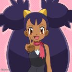  1girl :d bare_arms big_hair black_shirt brown_eyes commentary cosplay dark-skinned_female dark_skin dawn_(pokemon) dawn_(pokemon)_(cosplay) eyelashes hand_up iris_(pokemon) jiffy0v0 long_hair looking_at_viewer open_mouth pink_background pink_scarf pokemon pokemon_(anime) pokemon_bw_(anime) scarf shirt sleeveless sleeveless_shirt smile solo tongue two_side_up upper_body v watermark 
