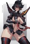  1girl aelion_draws black_hair blue_eyes breasts contrapposto cowboy_shot eyes_visible_through_hair gloves hand_over_face highres holding holding_sword holding_weapon kamui_(kill_la_kill) kill_la_kill large_breasts matoi_ryuuko medium_breasts midriff miniskirt multicolored_clothes multicolored_hair multicolored_legwear navel nipple_slip nipples patreon_username purple_background red_hair scissor_blade_(kill_la_kill) senketsu short_hair signature skirt solo spread_legs standing sword thighhighs thighs two-tone_hair weapon 