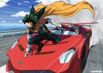  artist_name black_footwear blonde_hair blue_sky boku_no_hero_academia cape cpasdryna driving glasses gloves green_hair green_suit highres midoriya_izuku on_vehicle red_car sky standing_on_car suit white_gloves yellow_cape 