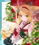  1girl a0_plnt animal animal_ear_fluff animal_ears apron arknights blonde_hair commentary_request fox fox_ears fox_girl fox_tail frilled_apron frills green_eyes highres holding holding_umbrella japanese_clothes kimono kitsune kyuubi long_hair long_sleeves looking_at_viewer multiple_tails obi official_alternate_costume oil-paper_umbrella parted_lips pink_kimono pinwheel red_umbrella sash solo suzuran_(arknights) suzuran_(yukibare)_(arknights) tail umbrella waist_apron white_apron wide_sleeves 