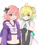  2boys ahoge astolfo_(fate) astolfo_(memories_at_trifas)_(fate) bare_shoulders black_bow bow braid braided_bun closed_mouth collarbone cropped_jacket crossdressing detached_sleeves fang fate/grand_order fate_(series) green_hair hair_between_eyes hair_bow hair_bun highres jacket jewelry long_sleeves male_focus moyashi_(momoyashi_321) multiple_boys navel necklace one_eye_closed open_mouth orange_eyes otoko_no_ko paris_(fate) pink_hair purple_eyes purple_jacket shirt simple_background skin_fang smile split_mouth striped striped_shirt white_background 