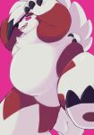  2023 anthro asulion54 belly big_belly biped claws generation_7_pokemon hi_res low-angle_view lycanroc male midnight_lycanroc nintendo nude overweight overweight_anthro overweight_male pawpads paws pokemon pokemon_(species) smile solo 