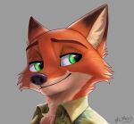  aloha_shirt anthro canid canine cheek_tuft chest_tuft clothed clothing digital_drawing_(artwork) digital_media_(artwork) dipstick_ears disney facial_tuft fox green_eyes grey_background headshot_portrait inner_ear_fluff looking_at_viewer male mammal multicolored_ears nick_wilde open_clothing open_shirt open_topwear pattern_clothing pattern_shirt pattern_topwear portrait shirt simple_background smile solo topwear tuft wolfrayay zootopia 
