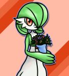  1girl blue_outline bob_cut bouquet closed_mouth colored_skin commentary english_commentary flat_chest flower gardevoir green_hair green_skin hair_over_one_eye hands_up happy hexintheeevee holding holding_bouquet looking_at_viewer multicolored_skin one_eye_covered orange_flower outline own_hands_together pink_flower pokemon pokemon_(creature) purple_flower red_background red_eyes red_flower short_hair smile solo standing two-tone_skin white_skin yellow_flower 
