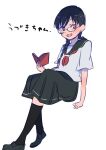  1girl black_eyes black_footwear black_hair black_sailor_collar black_skirt black_socks blush book braid character_name commentary_request crossed_legs full_body glasses hanada_hyou holding holding_book kneehighs long_hair looking_at_viewer low_twin_braids miniskirt neckerchief open_book open_mouth original red_neckerchief round_eyewear sailor_collar sailor_shirt school_uniform shirt shoes short_sleeves sitting skirt smile socks twin_braids white_shirt wide_sleeves 