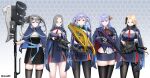  5girls absurdres alceid axe azur_lane blonde_hair blue_eyes bunker_hill_(azur_lane) commission essex_(azur_lane) glasses grey_hair gun hair_ornament halo_(series) highres holding holding_axe holding_gun holding_weapon intrepid_(azur_lane) long_hair multiple_girls necktie orange_hair purple_hair red_necktie shangri-la_(azur_lane) ticonderoga_(azur_lane) twintails weapon 