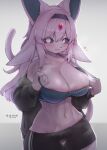 2023 absurd_res anthro areola areola_slip big_breasts blush breasts cleavage clothed clothing eeveelution espeon female fingers forehead_gem forked_tail generation_2_pokemon hair hi_res long_hair looking_at_viewer navel nintendo nyaohha pokemon pokemon_(species) solo tail unusual_anatomy unusual_tail 