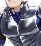  003_ssq 1boy adam&#039;s_apple armor bara blue_bodysuit bodysuit breastplate brown_hair close-up facial_hair goatee grey_armor head_out_of_frame highres large_pectorals male_focus mature_male muscular muscular_male original pauldrons pectoral_focus pectorals short_hair shoulder_armor skin_tight solo 
