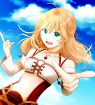  1girl blonde_hair cloud commentary_request dlllll_lllllb fiora_(xenoblade) green_eyes hair_ribbon highres long_hair looking_at_viewer navel open_mouth ribbon smile solo xenoblade_chronicles_(series) xenoblade_chronicles_1 