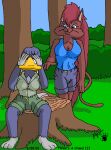  2001 anthro beak blue_body blue_eyes blue_fur bodily_fluids bottomwear breasts brown_body brown_fur cleavage clothed clothing covering covering_eyes covering_face crying domestic_cat duo felid feline felis female forest fur hair kthanid_(artist) long_hair mammal monica_(rutwell) monotreme plant platypus red_hair rutwell_forest serenakty shorts shrub tail tears tree tree_stump yellow_beak 
