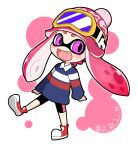  1girl absurdres bike_shorts blue_shirt blush collared_shirt double_horizontal_stripe fang goggles goggles_on_headwear highres inkling inkling_girl kei_(jelsamscout) long_hair open_mouth pink_eyes pink_hair pink_headwear red_footwear shirt shoes sneakers solo splatoon_(series) suction_cups twintails twitter_username walking white_background 