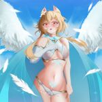  absurdres angel angel_wings animal_ears breasts crotch genshin_impact highres lumine_(genshin_impact) panties panty_pull see-through shy tattoo underwear wet wet_clothes wings 