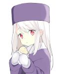  1girl 87banana coat fate/stay_night fate_(series) food hair_between_eyes hat holding holding_food illyasviel_von_einzbern looking_at_viewer mittens purple_coat purple_headwear red_eyes solo taiyaki wagashi white_hair 