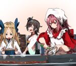  apron asakaze_(kancolle) black_hair bow bowl carrying chocolate cooking frilled_apron frills hair_bow highres holding holding_bowl japanese_clothes kamikaze_(kancolle) kantai_collection kimono light_brown_hair long_hair matsukaze_(kancolle) meiji_schoolgirl_uniform multiple_girls off_shoulder open_mouth pink_hair red_hair short_hair signature simple_background sunday_aki valentine white_apron wide_sleeves 
