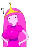  2023 adventure_time big_breasts blush breasts bulumble-bee candy_people_(at) cartoon_network clothed clothing crown female food food_creature food_humanoid hair half-length_portrait hands_on_hips headgear humanoid long_hair pink_body pink_hair pink_skin portrait princess_bubblegum purple_clothing question_mark sash simple_background simple_eyes smile solo white_background 