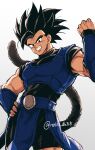  1boy absurdres armor black_eyes black_hair blue_wristband clenched_hand dragon_ball_legends hand_on_own_hip highres looking_at_viewer male_focus monkey_tail muscular muscular_male relio_db318 saiyan saiyan_armor shallot_(dragon_ball) simple_background smile solo spiked_hair standing tail twitter_username white_background 