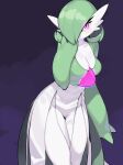  breasts female gardevoir generation_3_pokemon green_hair hair hi_res humanoid kame_3 looking_at_viewer nintendo not_furry pokemon pokemon_(species) red_eyes simple_background solo white_body 