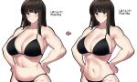  1girl age_progression alternate_muscle_size amogan bikini black_bikini blunt_bangs breast_expansion breasts brown_eyes brown_hair cowboy_shot girls_und_panzer hands_on_hips highres hime_cut large_breasts looking_at_viewer mature_female muscular muscular_female nishizumi_shiho plump simple_background swimsuit tsurime weight_gain white_background 