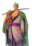  1boy abs bara bare_pectorals earrings expressionless feet_out_of_frame green_hair hair_knot highres japanese_clothes jewelry kimono looking_ahead male_focus no_nipples nok_(nok_1) official_alternate_costume official_alternate_hairstyle one_piece over_shoulder pectorals roronoa_zoro scar scar_across_eye short_hair single_earring solo sword sword_over_shoulder weapon weapon_over_shoulder white_kimono 
