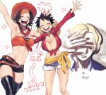  1boy 2girls :d artist_request black_hair black_shorts blonde_hair blush breasts cleavage closed_eyes cowboy_hat denim denim_shorts eyelashes genderswap genderswap_(mtf) happy hat highres large_breasts looking_at_viewer midriff monkey_d._luffy multiple_girls navel one_piece open_mouth portgas_d._ace red_shirt sabo_(one_piece) scar shirt short_hair short_shorts shorts simple_background smile source_request standing straw_hat thighhighs thighs translation_request white_background 