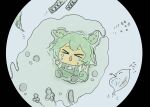  &gt;_&lt; 1girl amoeba animal_request arms_up bacteria black_border border chibi commentary crying facing_viewer fleeing flying_sweatdrops furrowed_brow green_hair green_shorts grey_background highres microscope mini_person minigirl mitsumura_ikumi open_mouth raised_eyebrows round_image shirt shorts simple_background solo suspender_shorts suspenders voicevox vore white_shirt zundamon 