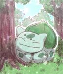  animal_focus bulbasaur bush claws closed_eyes closed_mouth faux_traditional_media forest highres kotobukkii_(yt_lvlv) light_particles nature no_humans on_grass outline pokemon pokemon_(creature) sleeping solo tree under_tree white_outline 