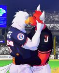  absurd_res accipitrid accipitriform anthro avian baseball_uniform bird bovid bovine butt cattle clothed clothing duo eagle embrace eyes_closed hi_res horn hug kissing lucho(mexicali_baseball_mascot) male male/male mammal muscular muscular_male public public_exposure shirt sportswear topwear torin(tijuana_baseball_mascot) uniform yaperstuff18 