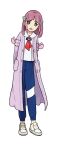  1girl absurdres arms_behind_back artist_request blue_pants brown_eyes buttons coat collared_shirt flat_chest full_body hair_ornament hairclip happy highres lacey_(pokemon) long_sleeves looking_at_viewer medium_hair neckerchief official_art open_clothes open_coat open_mouth outline pants pocket pokemon pokemon_(game) pokemon_sv purple_coat purple_hair red_neckerchief shirt shoes sidelocks simple_background smile sneakers solo standing track_pants transparent_background white_footwear white_outline white_shirt 