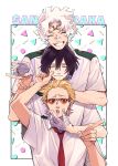  3boys bags_under_eyes bandaged_hand bandages bandaid bandaid_on_face bandaid_on_nose black_hair blonde_hair boku_no_hero_academia cheek_pull closed_eyes closed_mouth eraser_head_(boku_no_hero_academia) goggles goggles_on_head grin hair_between_eyes hand_on_another&#039;s_face highres looking_at_viewer loud_cloud male_focus multiple_boys necktie open_mouth orange-tinted_eyewear pointing present_mic red_necktie rnuyvm shirt short_hair short_sleeves smile tinted_eyewear white_hair white_shirt 