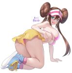  1girl achromaru all_fours ass bag bare_legs blue_eyes blush bow bra breasts bright_pupils brown_hair cameltoe cleavage collarbone double_bun doughnut_hair_bun from_behind full_body hair_bun hands_up hat high_tops large_breasts leaning_forward long_hair looking_at_viewer looking_back navel open_mouth panties panty_peek pantyhose pantyhose_removed pink_bow pink_bra pink_panties pokemon pokemon_(creature) pokemon_(game) pokemon_bw2 rosa_(pokemon) shirt_removed shoes short_shorts shorts signature simple_background skindentation smile sneakers solo strap_gap twintails underwear visor_cap white_background yellow_shorts 