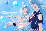  2girls apron ascot balloon bang_dream! blue_bow blue_bowtie blue_dress blue_eyes blue_hair blue_wrist_cuffs blurry blush bow bowtie braid closed_eyes closed_mouth clothing_cutout collared_dress commentary_request confetti cowboy_shot dated depth_of_field dress earrings english_commentary flower_earrings frilled_dress frills gloves half_gloves happy_birthday hat highres hikawa_hina hikawa_sayo idol_clothes jewelry long_hair looking_at_another medium_hair mini_hat mixed-language_commentary multiple_girls open_mouth puffy_sleeves see-through see-through_sleeves short_sleeves shoulder_cutout siblings sidelocks sky smile stud_earrings teeth twins upper_teeth_only white_apron white_ascot white_gloves zihacheol 