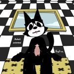  2015 anthro blush domestic_cat ejaculation embarrassed erection fangs felid feline felis felix_the_cat felix_the_cat_(series) hi_res inside kukat low-angle_view male mammal open_mouth sitting solo teeth window worried 