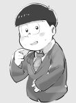  aged_down black_hair blazer blush_stickers bowl_cut greyscale jacket long_sleeves looking_at_viewer matsuno_todomatsu monochrome necktie osomatsu-san osomatsu-san_the_movie plump school_uniform shiiiiiiiro short_hair smile sweatdrop 