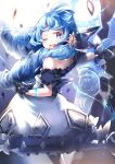  1girl :d ;d bare_shoulders black_bow black_dress black_gloves blue_eyes blue_hair blurry blurry_background bow breasts dress drill_hair frilled_dress frills gloves grey_dress gwen_(league_of_legends) hair_bow highres holding holding_scissors league_of_legends long_hair medium_breasts off_shoulder one_eye_closed scissors short_sleeves smile solo teeth twin_drills twintails umagenzin upper_teeth_only 