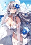  1girl alternate_costume alternate_hairstyle beach blue_eyes bow breasts choker cleavage cloud cloudy_sky day elbow_gloves fate/grand_order fate_(series) flower garter_straps gloves grey_hair hair_bow hair_flower hair_ornament highres lace_trim large_breasts long_hair misaki346 morgan_le_fay_(fate) ocean outdoors sky smile solo thighhighs very_long_hair white_bridal_gauntlets 
