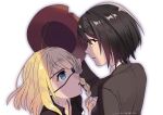  2girls androgynous black_hair blonde_hair blue_eyes closed_mouth ensemble_girls! eyepatch hat hisayoshi_(hisa) kuromori_suzu looking_at_another medium_hair multiple_girls parted_lips short_hair smile sone_seira white_background yellow_eyes yuri 