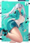  1girl aqua_jacket aqua_shorts aqua_theme breasts green_eyes halo highres jacket large_breasts long_hair noeru original shirt shoes shorts sneakers solo twintails wet wet_clothes wet_shirt white_hair white_shirt 