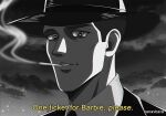  1boy artist_name barbenheimer_(meme) barbie_(franchise) barbie_(live_action) cigarette cloud cloudy_sky formal greyscale hanavbara hat julius_robert_oppenheimer male_focus meme monochrome necktie oppenheimer_(movie) sky smoking solo 