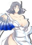  1girl absurdres blue_eyes bow breasts cleavage collarbone grey_hair hair_bow hand_fan highres holding holding_fan japanese_clothes kimono large_breasts looking_at_viewer medium_hair off_shoulder parted_bangs senran_kagura senri_(senri03151221) solo striped striped_bow tessen war_fan white_bow white_kimono yumi_(senran_kagura) 