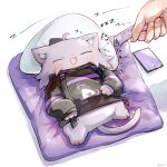  1girl 1other animal_focus animalization black_hoodie blush cat chibi commentary_request food food-themed_pillow highres hololive hood hoodie ikayaki_(ikayaki4) nekomata_okayu nekomata_okayu_(1st_costume) nekomata_okayu_(cat) onigiri sleeping virtual_youtuber 