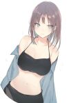  1girl bare_shoulders blue_eyes breasts brown_hair cleavage halterneck long_hair looking_at_viewer lpip medium_breasts navel open_clothes original shirt_partially_removed solo swimsuit upper_body white_background 