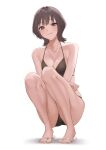  1girl :q absurdres bangs bare_legs bare_shoulders bikini black_bikini breasts brown_hair cleavage collarbone feet full_body hair_intakes halterneck heel_up highres kuen_(kuennn12) looking_at_viewer medium_breasts o-ring o-ring_bikini o-ring_top original purple_eyes short_hair simple_background sitting skindentation slippers solo squatting string_bikini swimsuit thighs toes tongue tongue_out white_background 