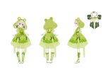  1girl :d absurdres animal_costume bare_arms bcy boots bow clover_hair_ornament clover_print collared_shirt dress dress_bow flower_bracelet frog_costume frog_hair_ornament frog_raincoat full_body green_bow green_dress green_footwear grey_hair hair_ornament highres hood hood_up huhu knee_boots low_twintails multiple_views overall_skirt red_eyes reference_sheet ruan_miemie rubber_boots shirt short_dress short_sleeves smile standing transparent_raincoat turnaround twintails white_background white_shirt xialuo_yingling 