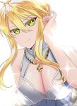  1girl absurdres ahoge artoria_pendragon_(fate) artoria_pendragon_(swimsuit_ruler)_(fate) artoria_pendragon_(swimsuit_ruler)_(second_ascension)_(fate) bangs bare_shoulders blonde_hair blush braid breasts cleavage_cutout clothing_cutout fate/grand_order fate_(series) french_braid green_eyes hair_between_eyes hair_bun highres jewelry kankitsu_kei large_breasts long_hair looking_at_viewer necklace one-piece_swimsuit sidelocks smile solo sparkle swimsuit white_one-piece_swimsuit 