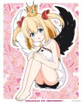  1girl :o anniversary bare_legs bare_shoulders barefoot bike_shorts black_shorts black_wings blonde_hair blue_eyes bow breasts commentary_request crown dress feathered_wings hair_between_eyes hair_bow highres hugging_own_legs knees_up looking_at_viewer marl_(shironeko_project) mini_crown mismatched_wings mitya parted_lips red_bow shironeko_project short_shorts shorts shorts_under_dress sitting small_breasts solo two_side_up white_dress white_wings wings 